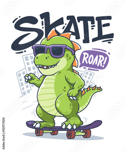 Cute Dinosaur Ride Skateboard Hand Drawn Vector Illustration Designs