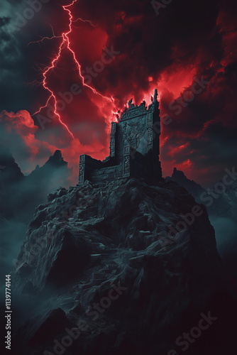 A dramatic cover for a dark fantasy book. A broken stone throne sits atop a jagged, bloodstained mountain peak under a stormy red and black sky.  
