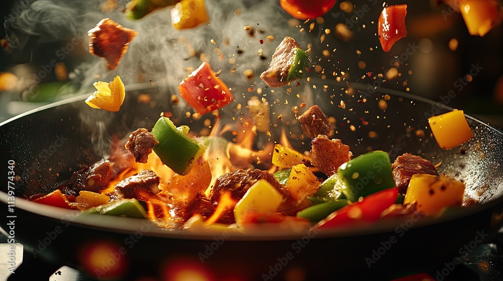 Stir-fry beef and peppers flying in a wok pan. Stir-fry beef and peppers flying in a wok pan.
