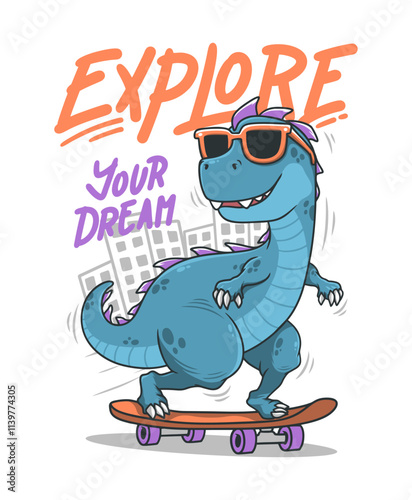 Cute Dinosaur Ride Skateboard Hand Drawn Vector Illustration Design