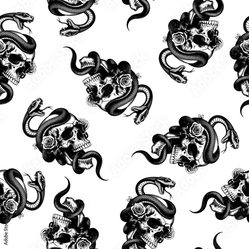 SNAKE, SKULL & ROSES seamless pattern  photo