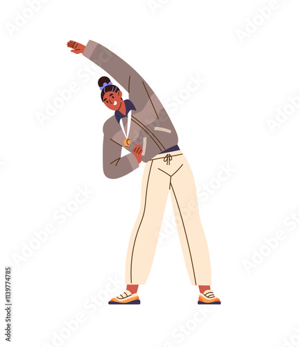 Sportswoman training, practices physical exercises. Athlete in sportswear stretching, does sports workout. Trainer with whistle does side bends. Flat isolated vector illustration on white background