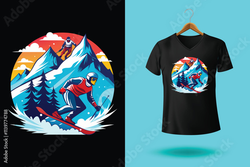 Set of Winter sport athlete silhouettes. Ski jumping, downhill, slalom, skiing emblems. Print design for t-shirt. Sport club emblems.