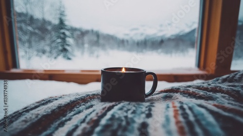 Cozy winter scene candlelit mug on blanket by snowy window. photo