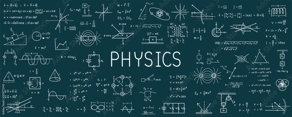 Physics and math symbols. Geometric icons and formulas of important science technology theories. Vector illustration for background.