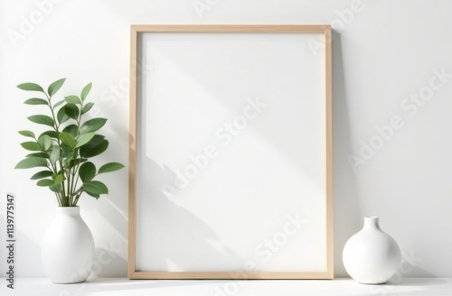 Poster mockup with home plants and vase on white background
