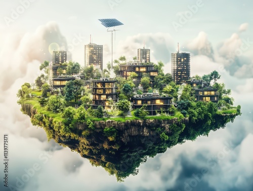 Hyperrealistic floating islands with selfsustaining smart cities and glowing renewable power grids #1139775171