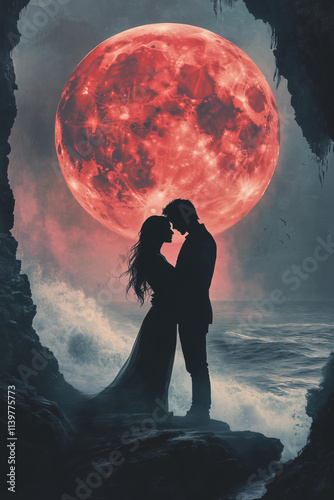 A romantic yet eerie book cover featuring a couple standing close together under a large, glowing blood-red full moon. 
