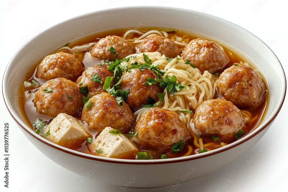Delicious and hearty meatball noodle soup with tofu.
