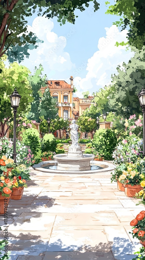 Fototapeta premium A cobblestone pathway leads to a beautiful fountain in a lush garden courtyard with flowers in terracotta pots, a statue, and a building in the background.