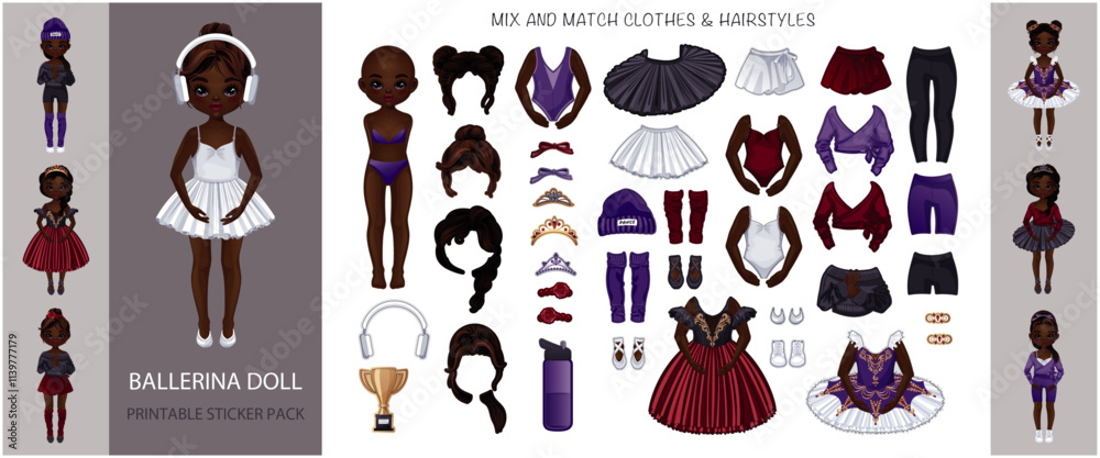 Ballerina paper doll set with mix-and-match outfits, hairstyles, and accessories for dress-up games, kids’ crafts, DIY projects.  Detailed vector illustration with isolated elements and vibrant colors