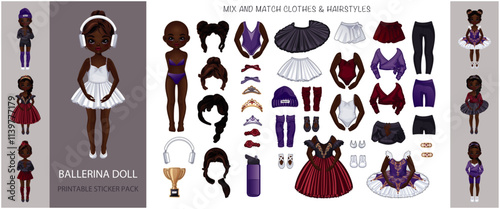 Ballerina paper doll set with mix-and-match outfits, hairstyles, and accessories for dress-up games, kids’ crafts, DIY projects.  Detailed vector illustration with isolated elements and vibrant colors