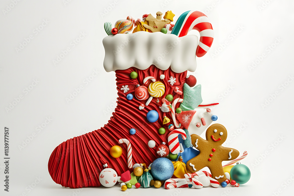 Fototapeta premium Colorful Christmas Stocking Filled with Candy and Ornaments for Holiday Celebrations