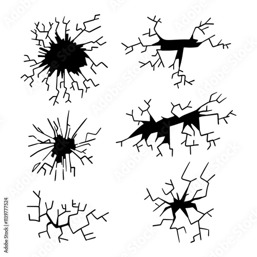 Drawn cracks, broken glass, cracks on the ground, concrete. Broken ground, glass damage. Vector illustration