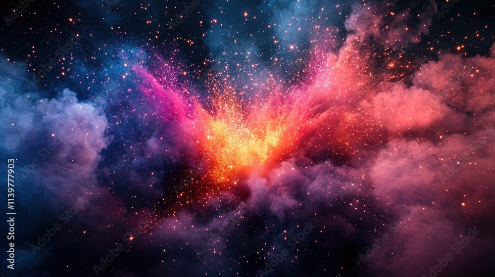 Naklejka premium Colorful explosion in dark smoky clouds.