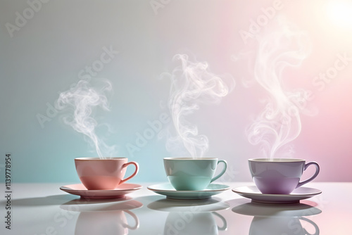 Serene Pastel Teacups with Rising Steam Against Soft Dreamy Background 