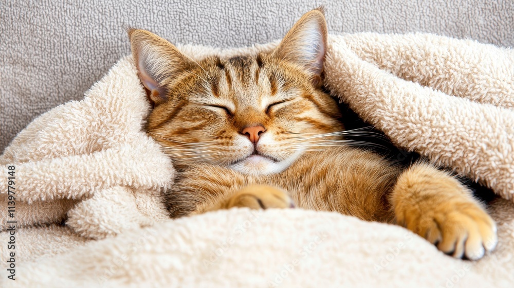 Cozy Cat Snuggled in Soft Blanket, Relaxing and Enjoying Warmth at Home Cozy Cat Snuggled in Soft Blanket, Relaxing and Enjoying Warmth at Home