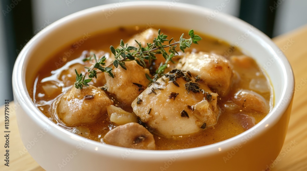 Warm and Hearty Soup with Mushrooms and Fresh Herbs in Bowl Warm and Hearty Soup with Mushrooms and Fresh Herbs in Bowl