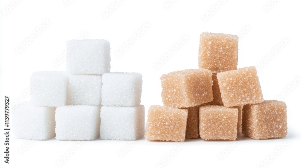 A clean and minimalistic image featuring two separate pyramid stacks of white and brown sugar cubes on a white background. The visual emphasizes texture, symmetry, and natural tones, suitable for food