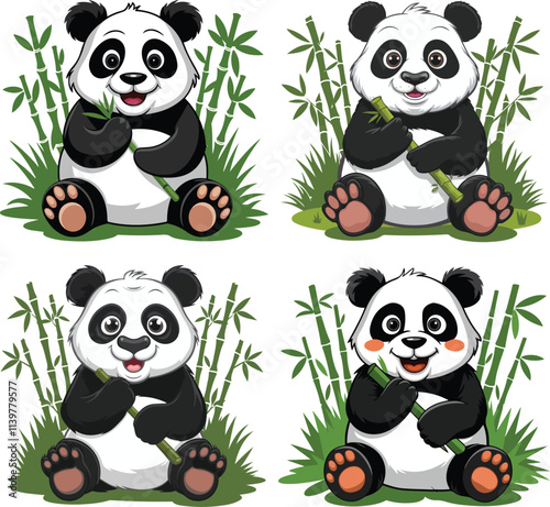 panda sitting happily and holding a piece of bamboo in its paws vector design