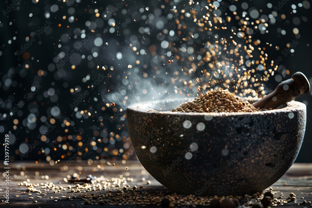 A dark and moody scene of spices being ground in a stone mortar with dynamic particles. A dark and moody scene of spices being ground in a stone mortar with dynamic particles.