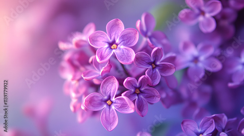 Close-up of lilac flowers in full bloom with soft pastel background, vibrant purple hues and delicate petals.