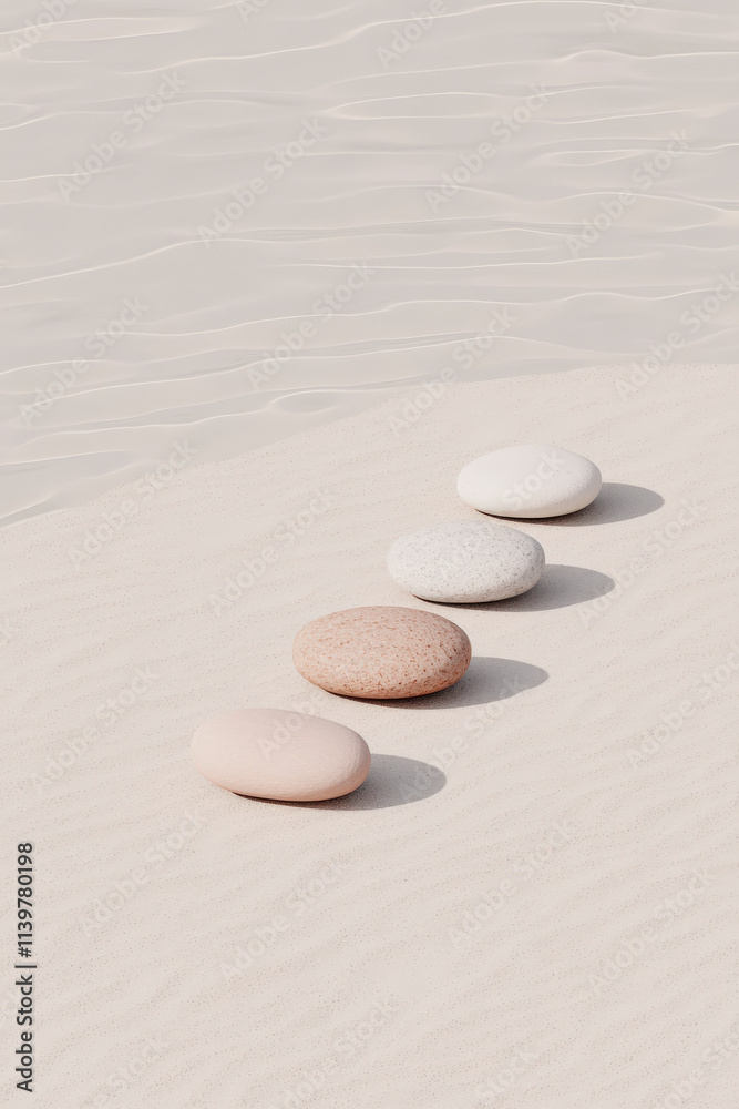 A captivating view of four smooth stones arranged gracefully on a pristine sandy surface, with gentle water waves lapping at their feet, creating a tranquil scene. A captivating view of four smooth stones arranged gracefully on a pristine sandy surface, with gentle water waves lapping at their feet, creating a tranquil scene.