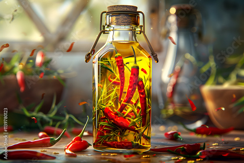 Photography of Red Hot Chili Peppers in a Full of Oil Bottle on a Wooden Table, Vibrant Spice Collection for Food Blogs, Recipes, Spice Packaging, E-commerce, Cookbooks, Ads, Social Media, Branding