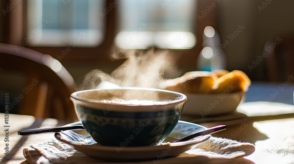 Steaming Bowl of Soup on a Table with Morning Light and Soft Focus Steaming Bowl of Soup on a Table with Morning Light and Soft Focus