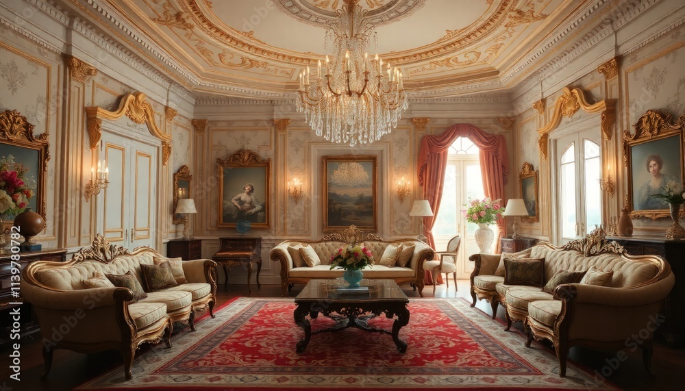 © Rahmat  - Living Room Or Family Room Interior Design With An Rococo Concept - Luxury Hotel Room - Living Room with Many Ornaments - Interior Of Living Room with Sofa And Luxury Chandelier - Rococo Style © Rahmat  - Living Room Or Family Room Interior Design With An Rococo Concept - Luxury Hotel Room - Living Room with Many Ornaments - Interior Of Living Room with Sofa And Luxury Chandelier - Rococo Style
