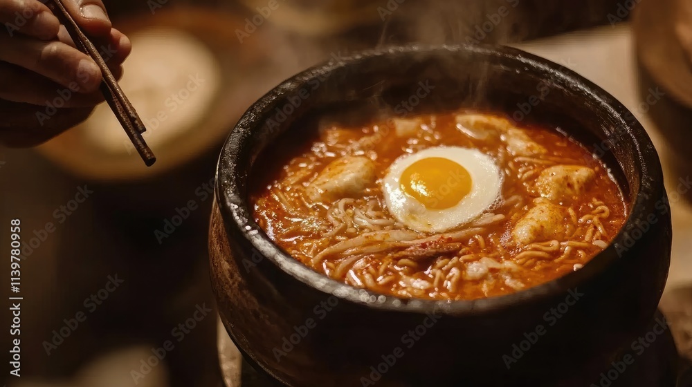 Delicious Korean Stew with Egg in Traditional Clay Bowl Delicious Korean Stew with Egg in Traditional Clay Bowl