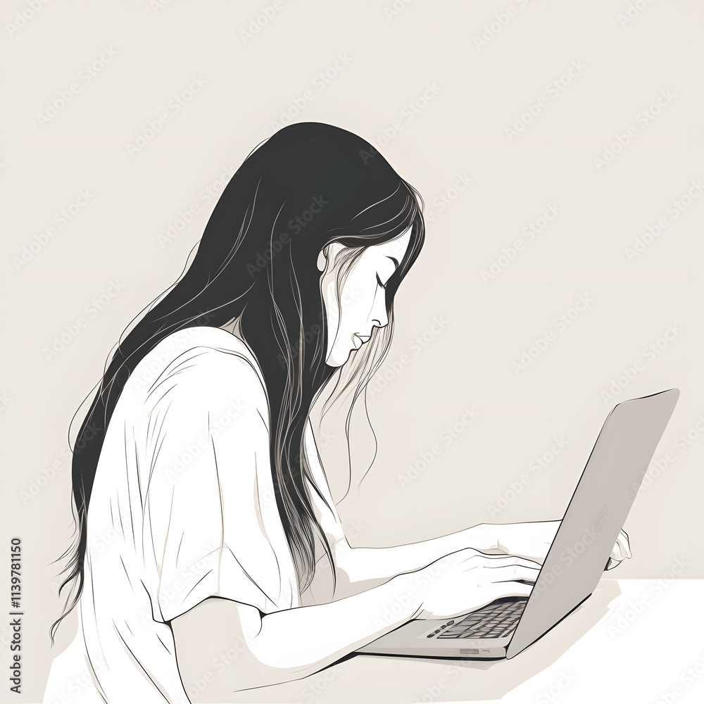 Woman working on laptop in minimalistic illustration Woman working on laptop in minimalistic illustration
