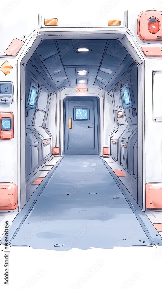A futuristic hallway with a door at the end of the hallway. There is a blue carpet and white walls with red accents. A futuristic hallway with a door at the end of the hallway. There is a blue carpet and white walls with red accents.