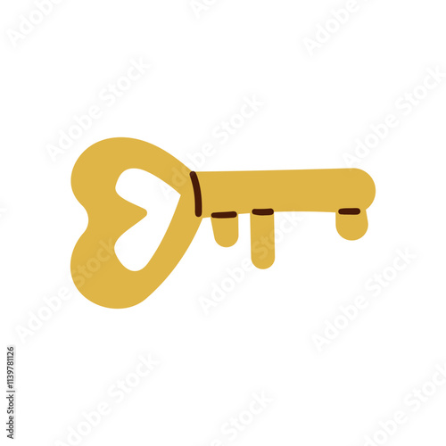 Key door icon isolated vector flat graphic, gold cartoon hand drawn illustration isolate on white .Heart shape key for holiday , valentine ,social media ,web or banner design .