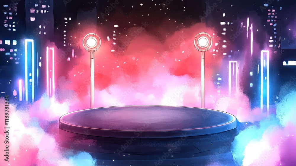 A futuristic neon cityscape with a glowing platform. A futuristic neon cityscape with a glowing platform.
