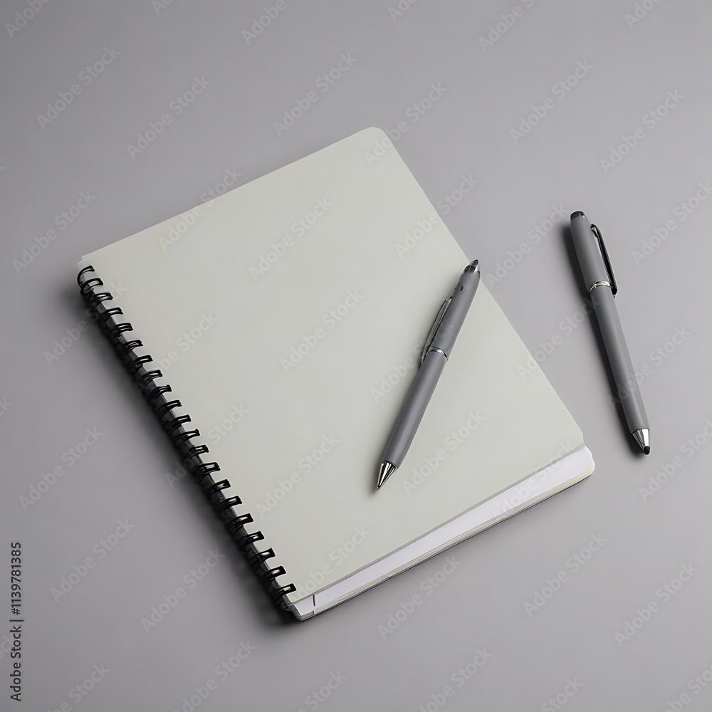 A stylish notebook with a matching pen, placed on a neutral gray background. A stylish notebook with a matching pen, placed on a neutral gray background.