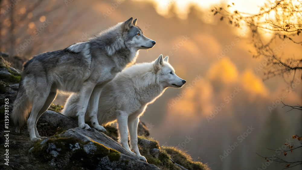 Majestic Wolves Observing the Golden Forest Horizon Majestic Wolves Observing the Golden Forest Horizon