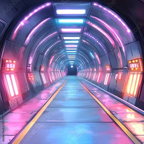 A futuristic, neon-lit corridor with a glowing light at the end.