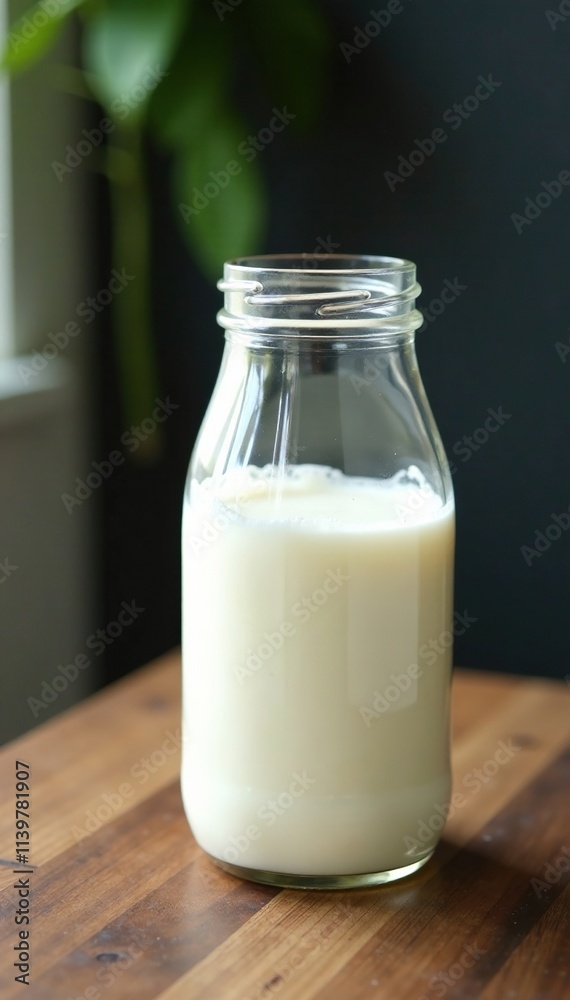 Glass jar filled with cold milk on a wooden table, container, dairy Glass jar filled with cold milk on a wooden table, container, dairy