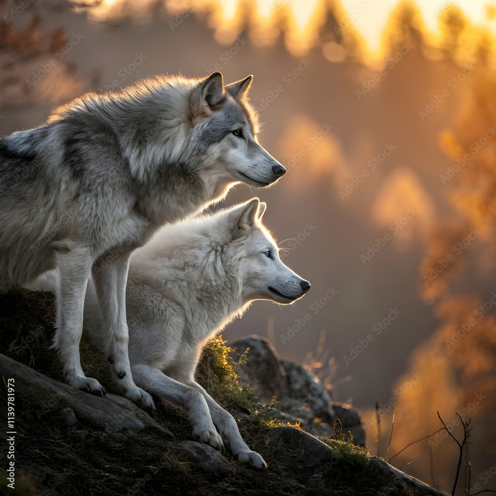 Fototapeta premium Wolves Resting and Observing the Golden Landscape