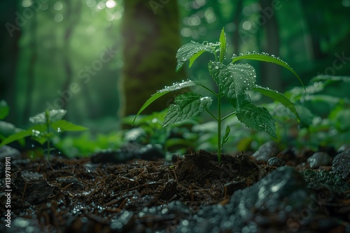 A fresh green plant emerging from moist soil in a serene forest environment. photo