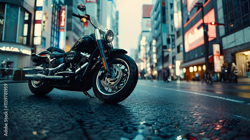 Black motorcycle parked on urban street at dusk