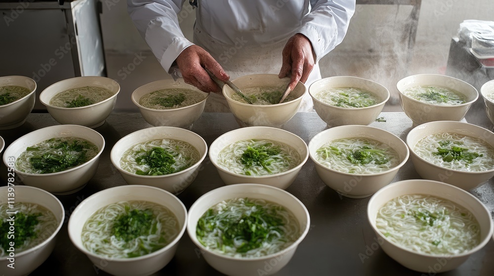 Chef Preparing Delicious Bowls of Soup with Fresh Vegetables Chef Preparing Delicious Bowls of Soup with Fresh Vegetables