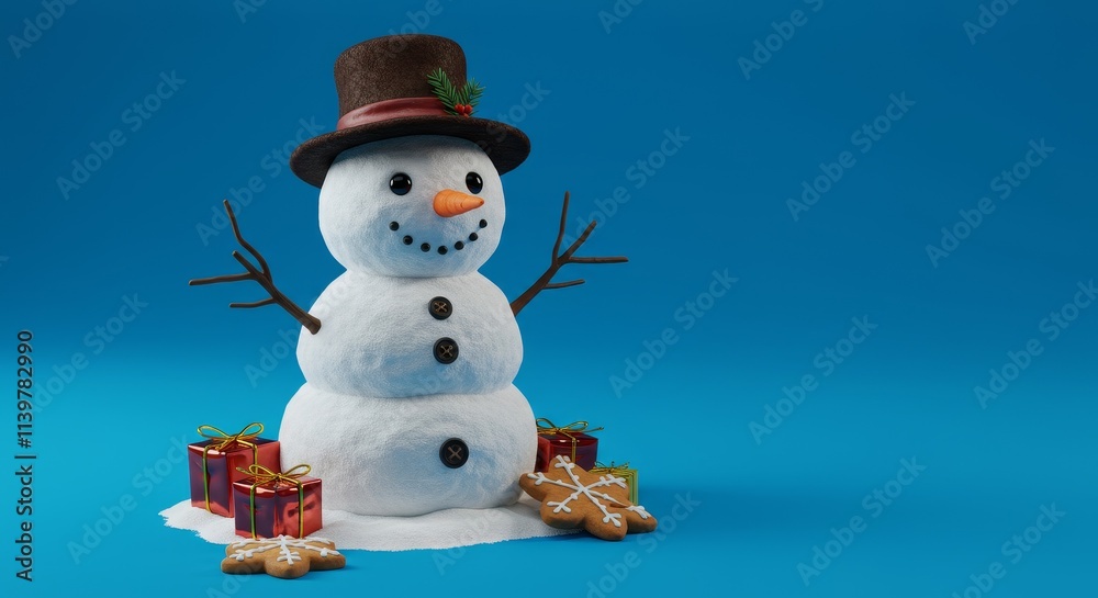 Fototapeta premium Merry christmas and happy new year greeting card with copy-space.Happy snowman standing in christmas landscape.Snow background.Winter fairytale.