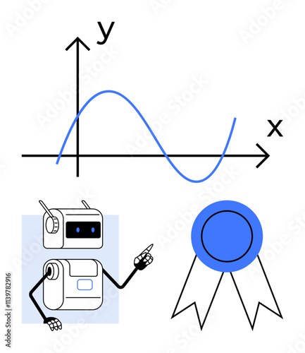 Robot pointing to a mathematical graph, symbolizing learning and intelligence, and a ribbon representing achievement. Ideal for AI, robotics, education, innovation, learning, recognition, analytics