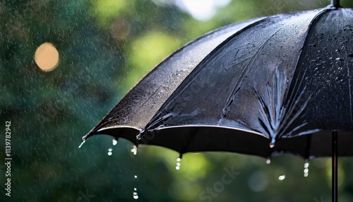 A black umbrella in heavy rain with water droplets falling off, set against a blurred green background photo