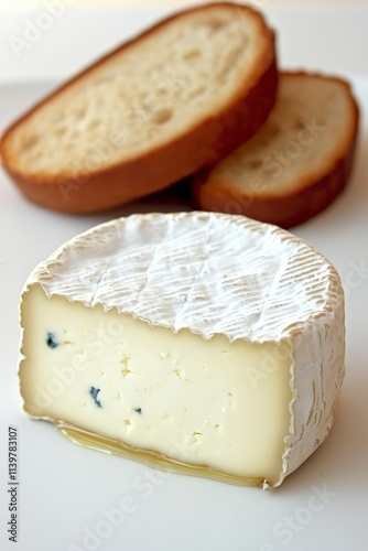 Creamy Camembert cheese wheel with bread.