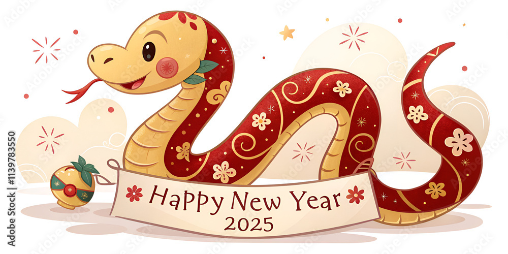 Obraz premium Greeting card, Snake wishes happy new year 2025.