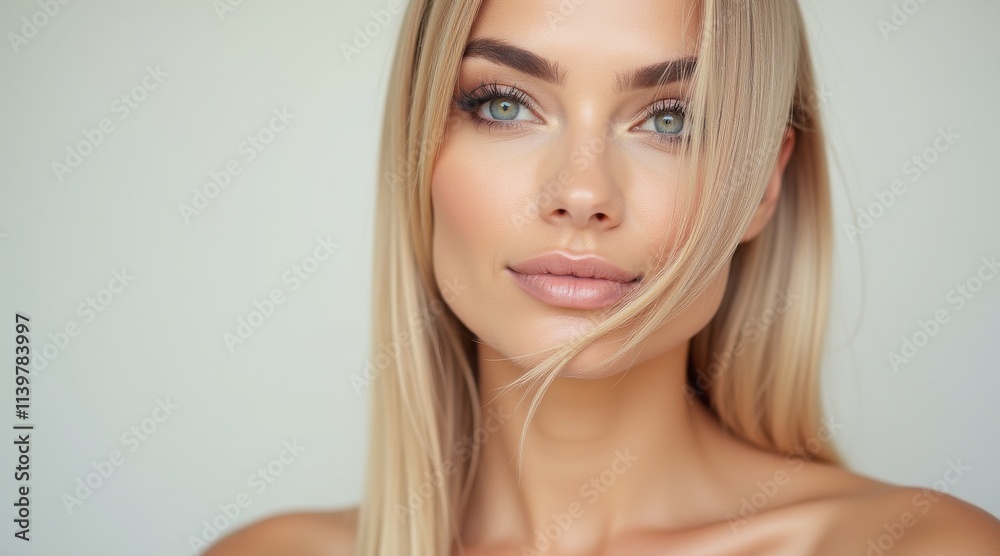 Portrait of a woman with blonde hair and natural makeup, looking confidently at the camera Portrait of a woman with blonde hair and natural makeup, looking confidently at the camera