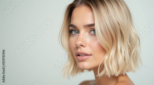 Woman with short blonde hair and natural makeup, looking over her shoulder